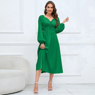V Collar Slim T Long Sleeved Dress