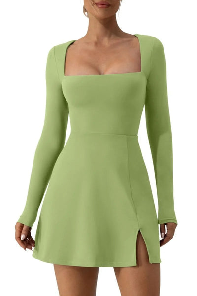 Tight fitting corset long sleeved slit flared mini dress