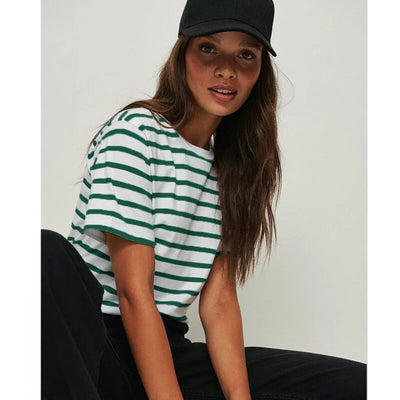 Striped Short Sleeve Round Neck Cotton T-shirt