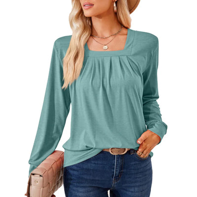 Solid Color Square Collar Ruffle Jacquard Long Sleeved Loose T-Shirt Woman