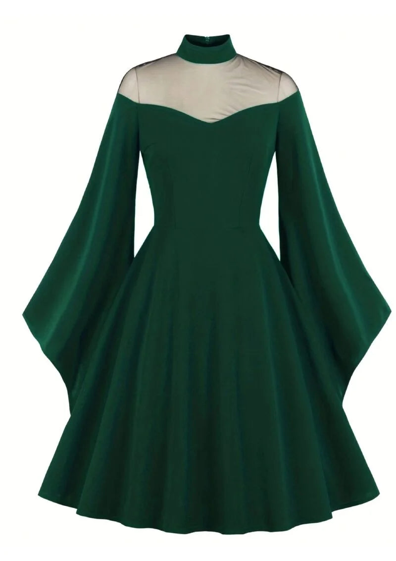 Black Queen Mesh Bell Sleeve Panel Vintage Dress