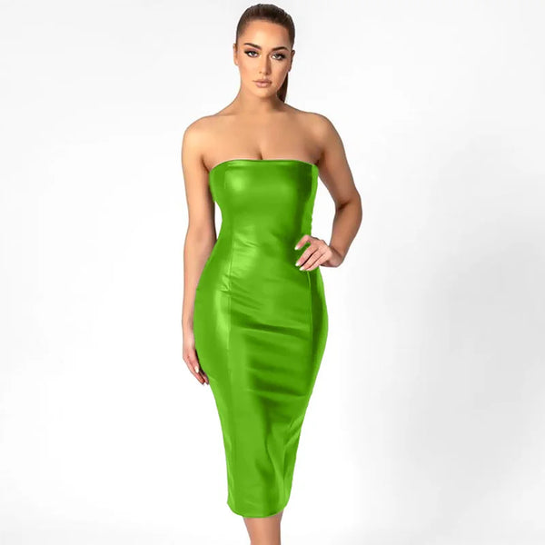 Solid Color Leather Fashion Temperament Slim Bandeau Back Slit Skirt Women’s Dress