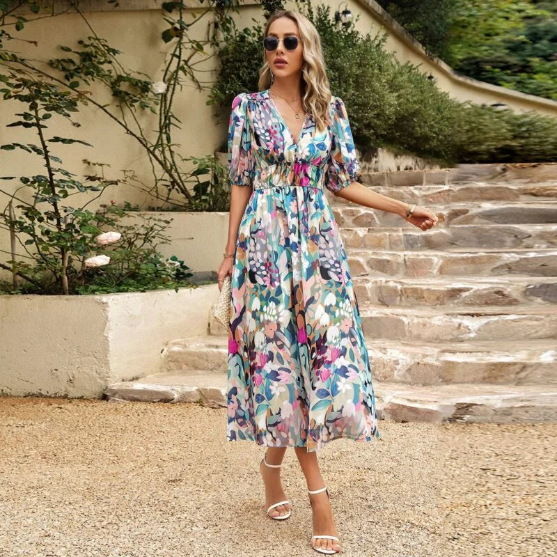 Dress Inched Waist V-Neck Printed Long Skirt