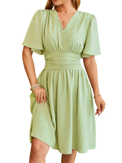V Neck Cinched Waist Flared Sleeve Stylish Dress