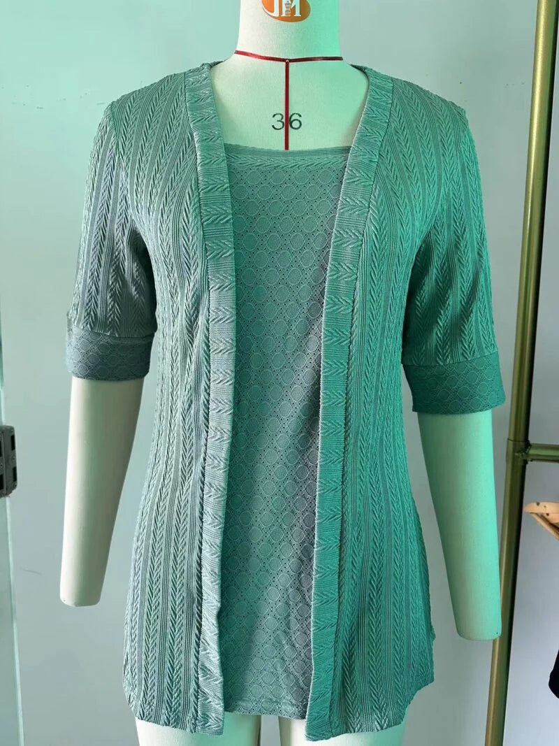 Pure Color Square Collar Stitching Five Quarter Sleeve T-Shirt Spot