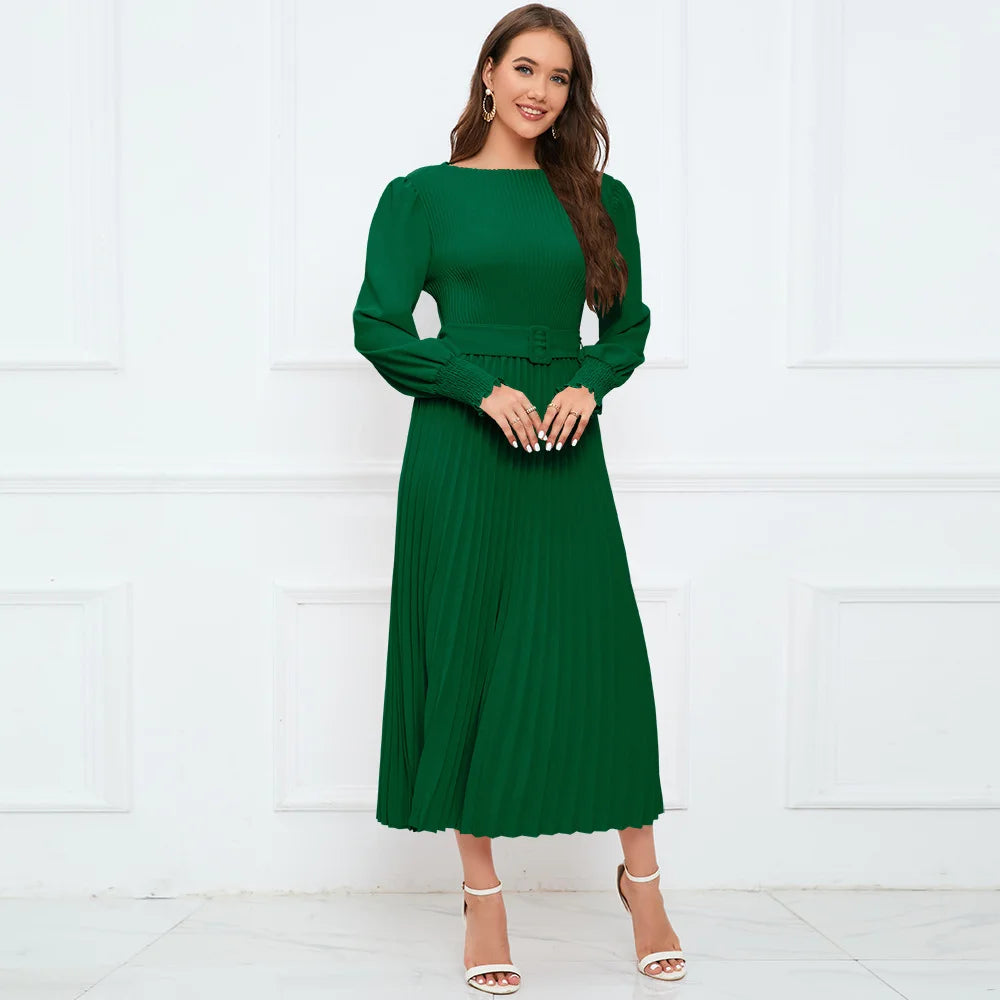 Round Neck Long Sleeve Pleated Flared Skirt Dress