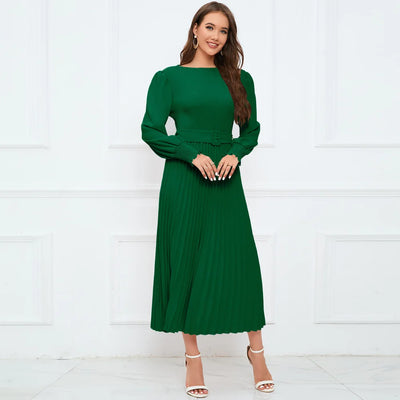 Round Neck Long Sleeve Pleated Flared Skirt Dress