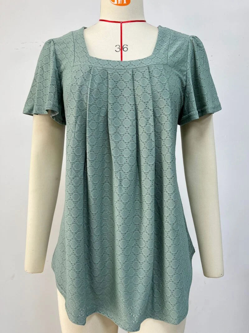 Pure Color Square Collar Wrinkled Short Sleeved Loose T-Shirt Blouse