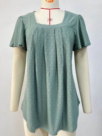 Pure Color Square Collar Wrinkled Short Sleeved Loose T-Shirt Blouse