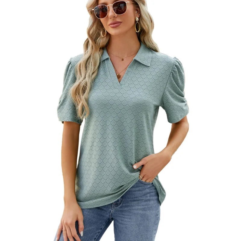 Style Solid Color V Neck Short Sleeved Loose T-Shirt Blouse