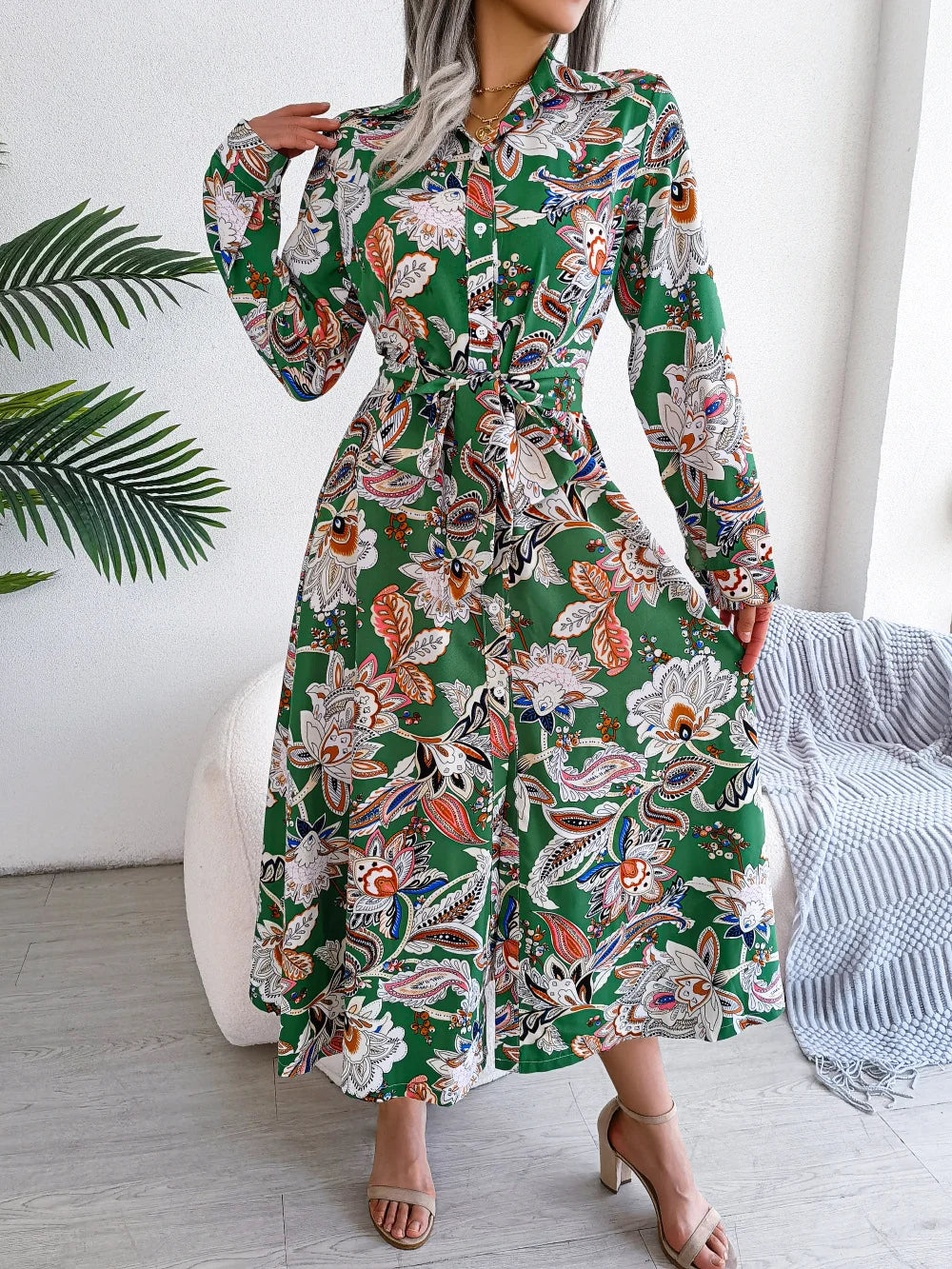 Retro Flower Lapel Lace Up Shirt Dress Long Skirt