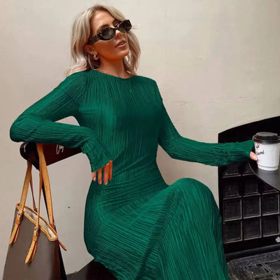 Solid Color Round Neck Long Sleeve Slim Dress