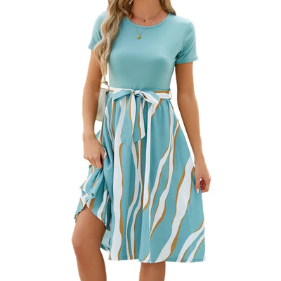 Round Neck Stitching Printed Short Sleeved Large Swing Dress Spot