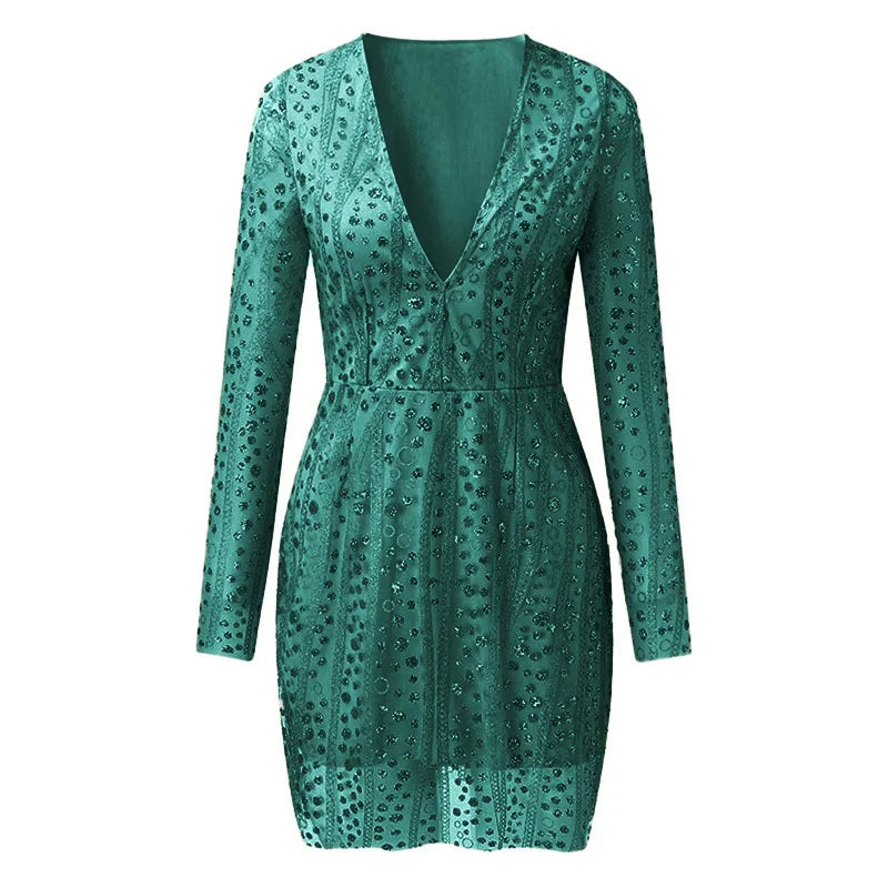 V Long Sleeve Sequin Dress Short Dress