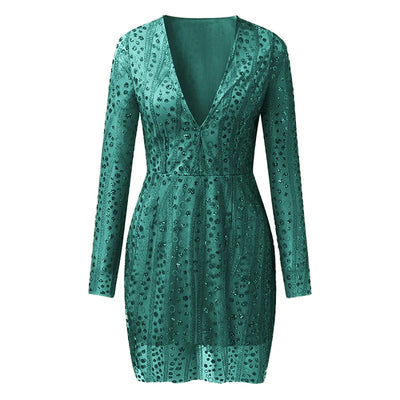 V Long Sleeve Sequin Dress Short Dress