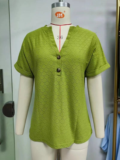 Pure Color V Collar Buttons Loose Short Sleeved T-Shirt Blouse