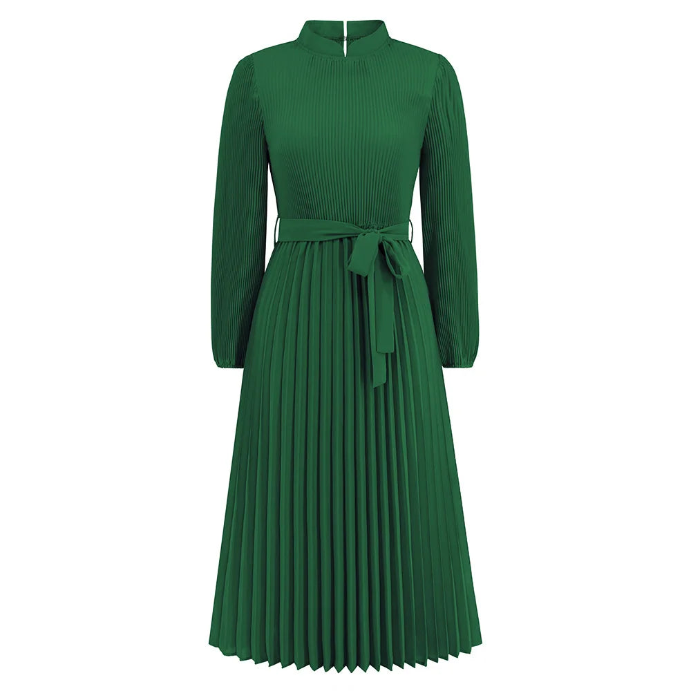 Vertical Collar Sleeve Pleated Skirt