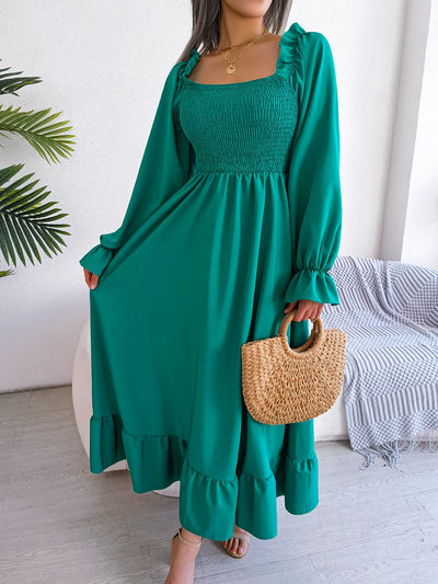 Casual Square Neck Flared Skirt With Large Swing Ruffle Long Skirt