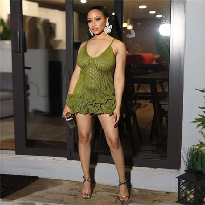 Sexy Hollowed Out Wooden Ear Side Knitted Straps Hip Dress