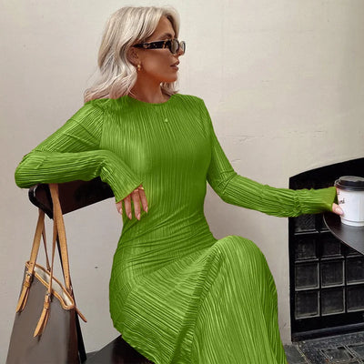 Solid Color Round Neck Long Sleeve Slim Dress