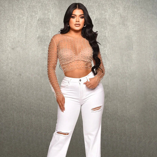 Mesh Hot Diamond Long Sleeved Top