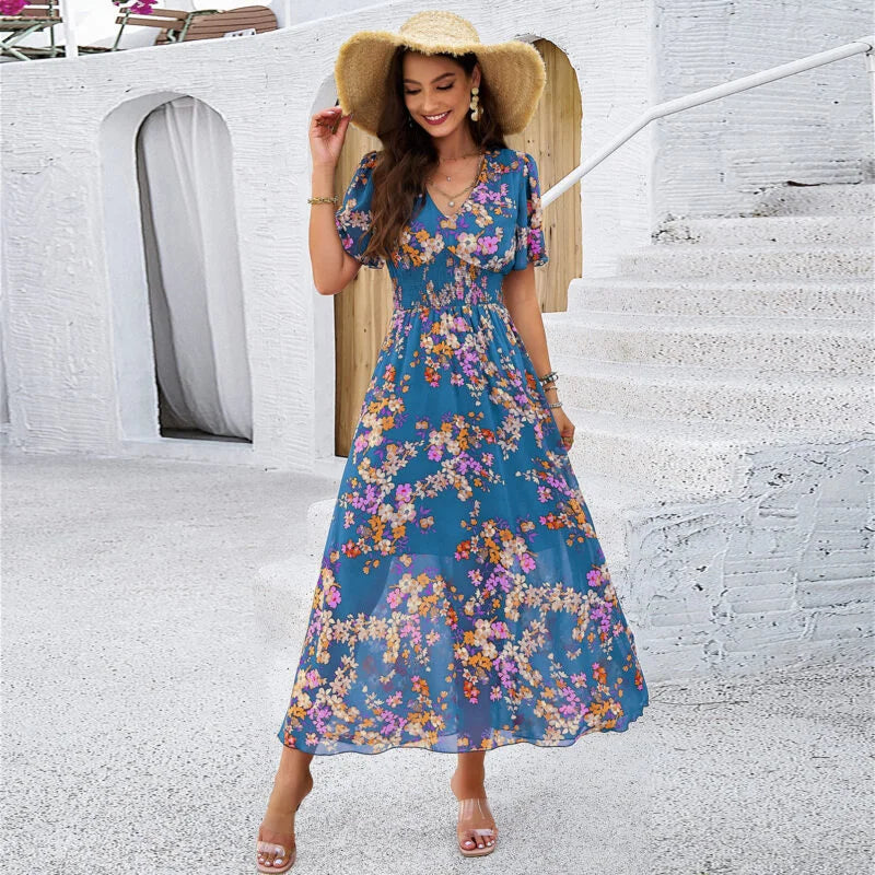 Print Cinched Waist Short Sleeved Dress