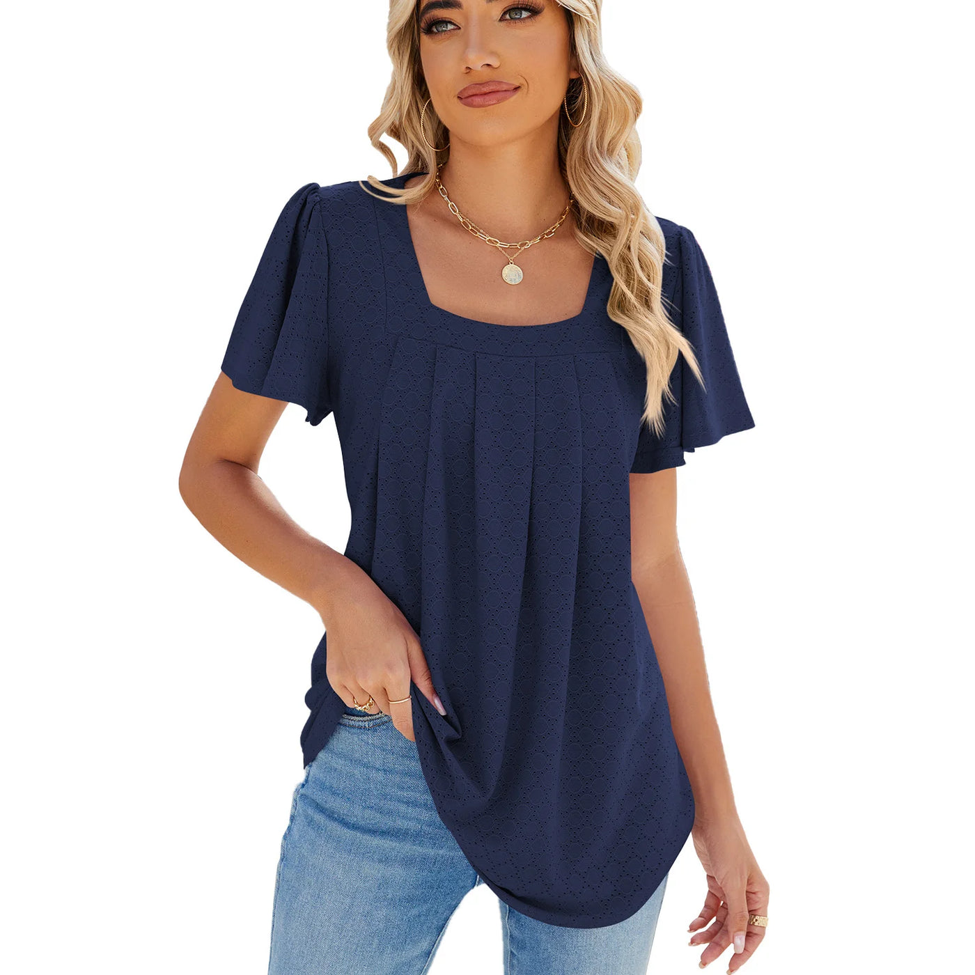 Pure Color Square Collar Wrinkled Short Sleeved Loose T-Shirt Blouse