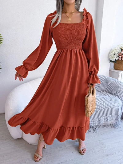Casual Square Neck Flared Skirt With Large Swing Ruffle Long Skirt