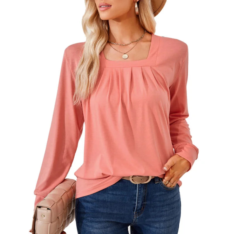 Solid Color Square Collar Ruffle Jacquard Long Sleeved Loose T-Shirt Woman