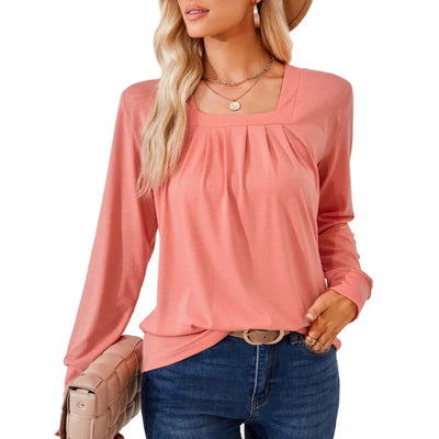 Solid Color Square Collar Ruffle Jacquard Long Sleeved Loose T-Shirt Woman
