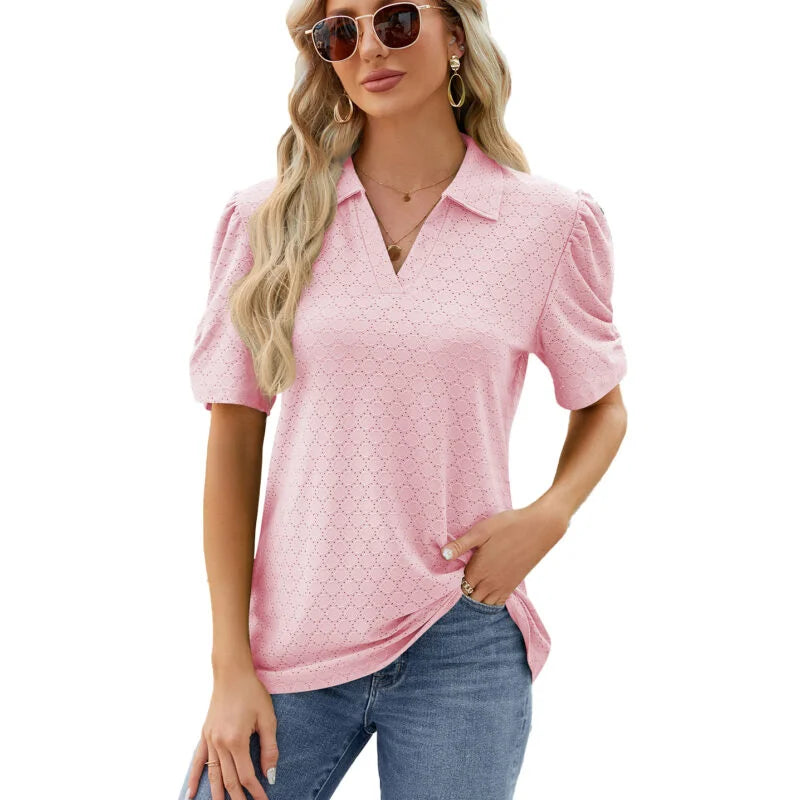 Style Solid Color V Neck Short Sleeved Loose T-Shirt Blouse