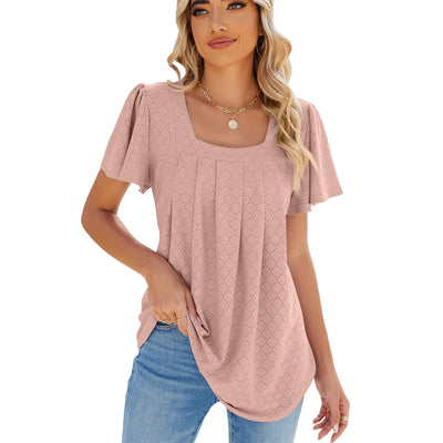 Pure Color Square Collar Wrinkled Short Sleeved Loose T-Shirt Blouse