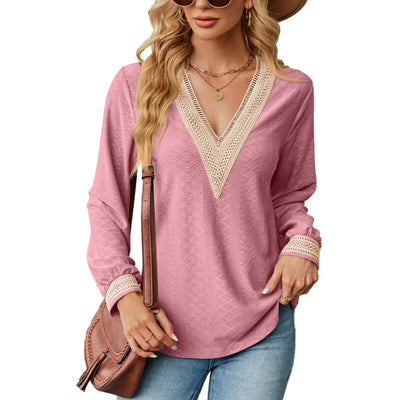 New Lace Stitching V Neck Loose Long Sleeved T-Shirt Blouse
