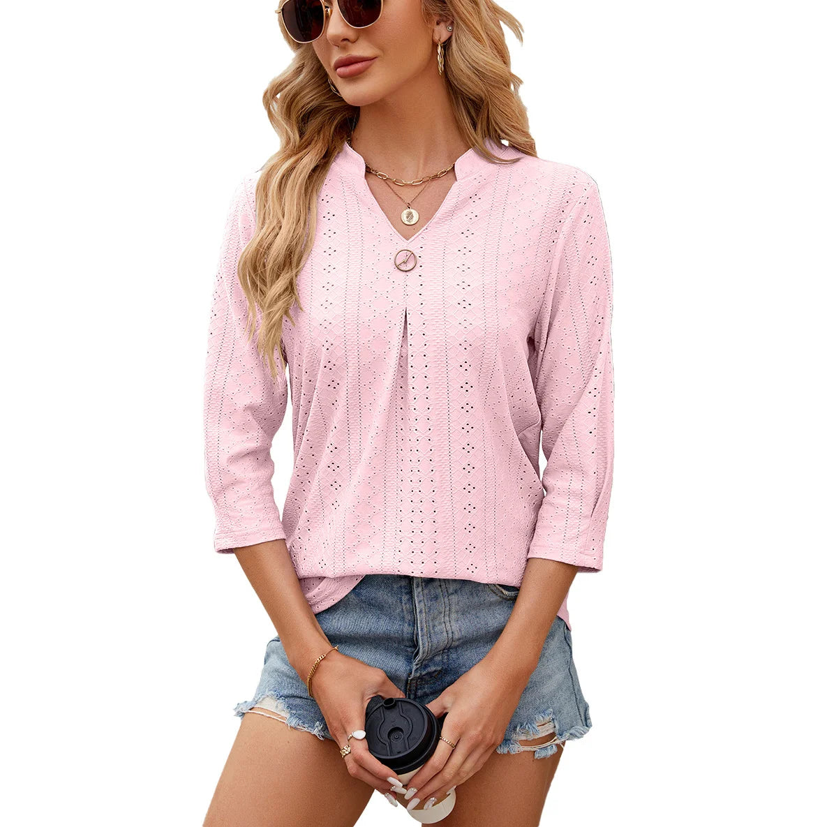 New Solid Color Seven Quarter Sleeve Casual Blouse Woman