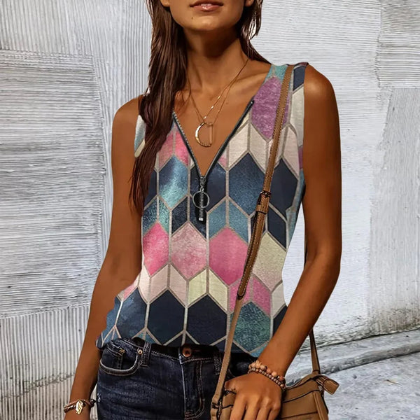 V Neck Zipper Printed T-Shirt Vest Women’s Top