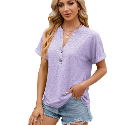 Pure Color V Collar Buttons Loose Short Sleeved T-Shirt Blouse
