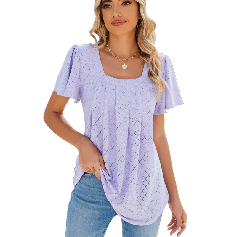 Pure Color Square Collar Wrinkled Short Sleeved Loose T-Shirt Blouse