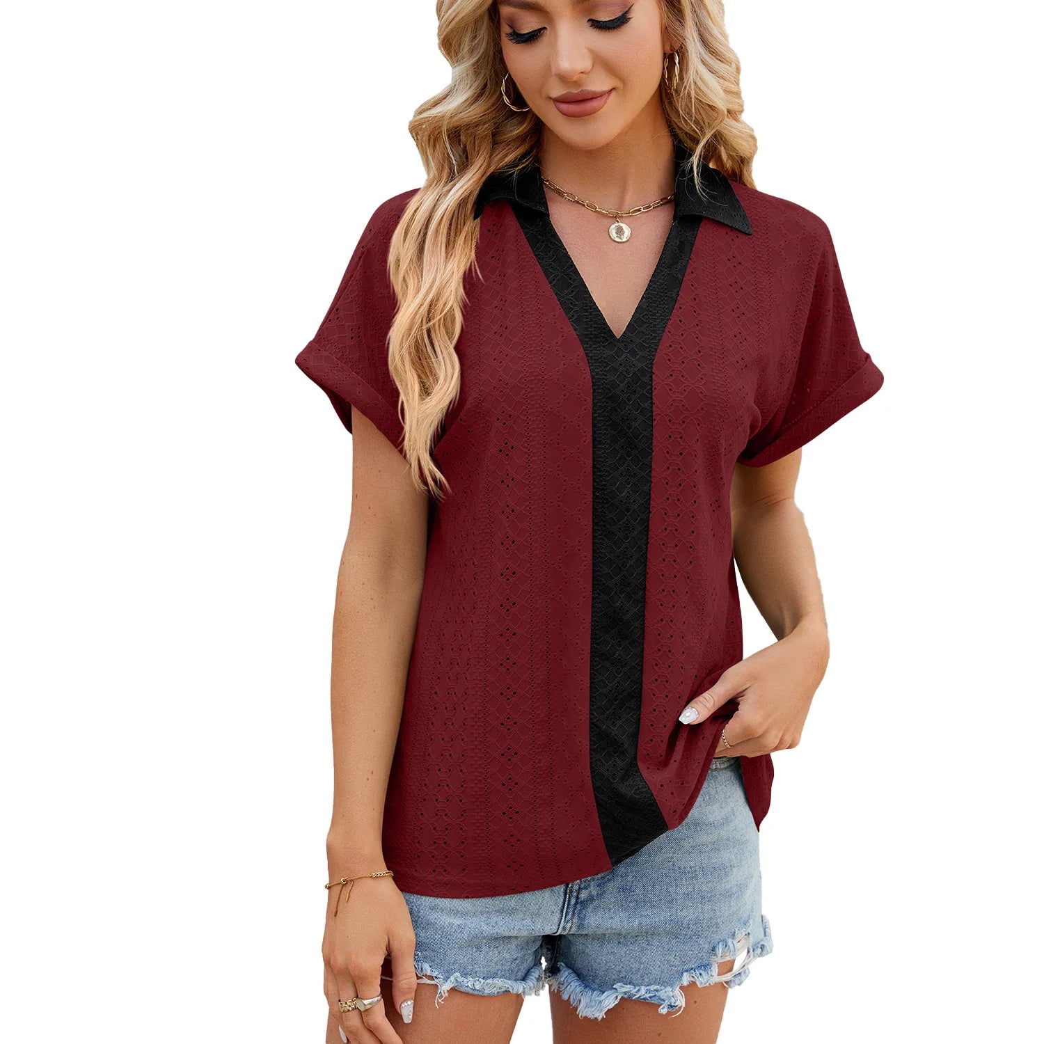 New V Neck Color Colliding Short Sleeved Loose T-Shirt Blouse