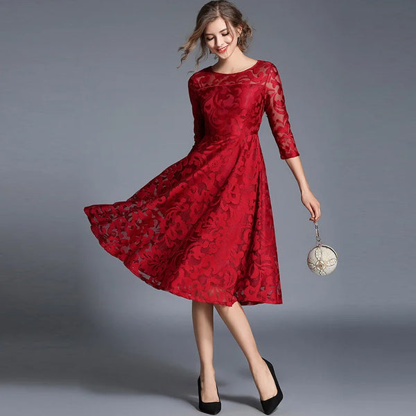 Slim Mid Length Lace Flared Dress