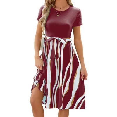 Round Neck Stitching Printed Short Sleeved Large Swing Dress Spot