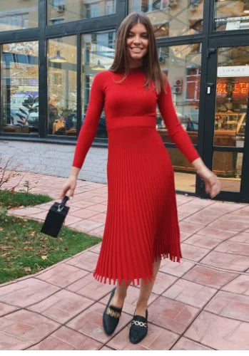 Wool Dress Pure Color Pleated Knitted Slim Dress