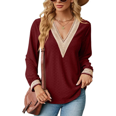 New Lace Stitching V Neck Loose Long Sleeved T-Shirt Blouse