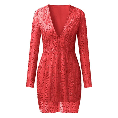 V Long Sleeve Sequin Dress Short Dress