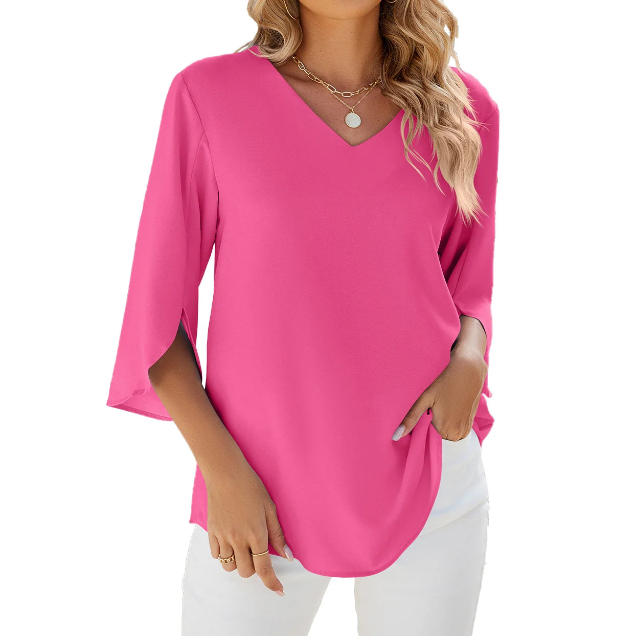 Pure Color V Collar Loose Chiffon Blouse