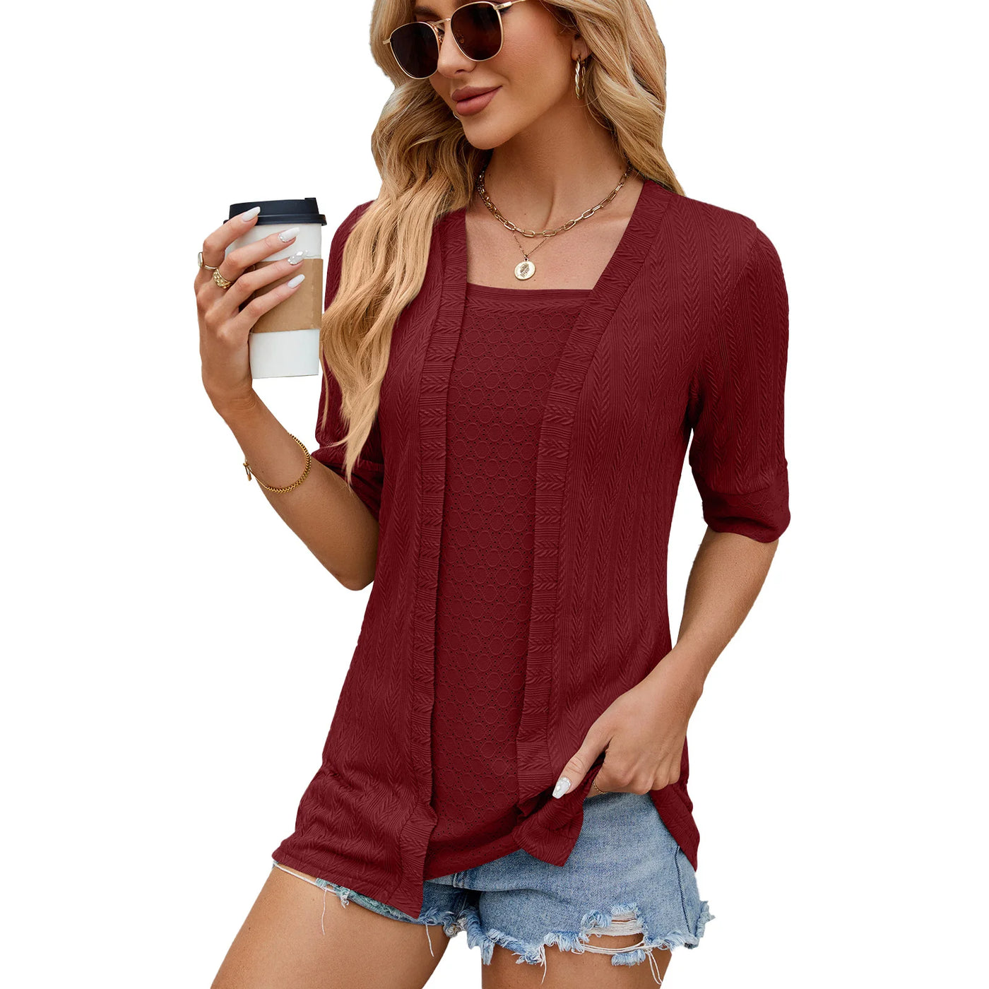 Pure Color Square Collar Stitching Five Quarter Sleeve T-Shirt Spot