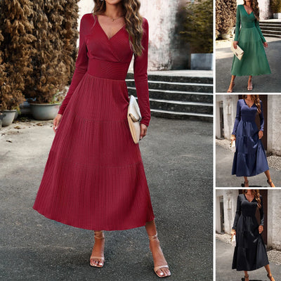 Long Skirt Temperament Commuter V Neck Long Sleeve Temperament Elegant Dress