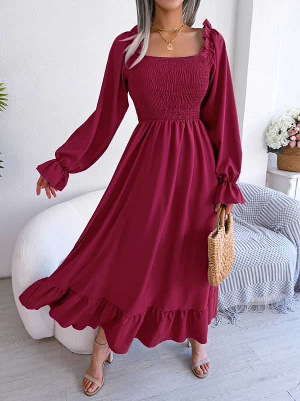 Casual Square Neck Flared Skirt With Large Swing Ruffle Long Skirt