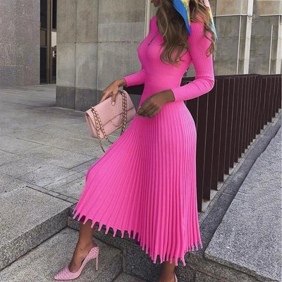 Wool Dress Pure Color Pleated Knitted Slim Dress