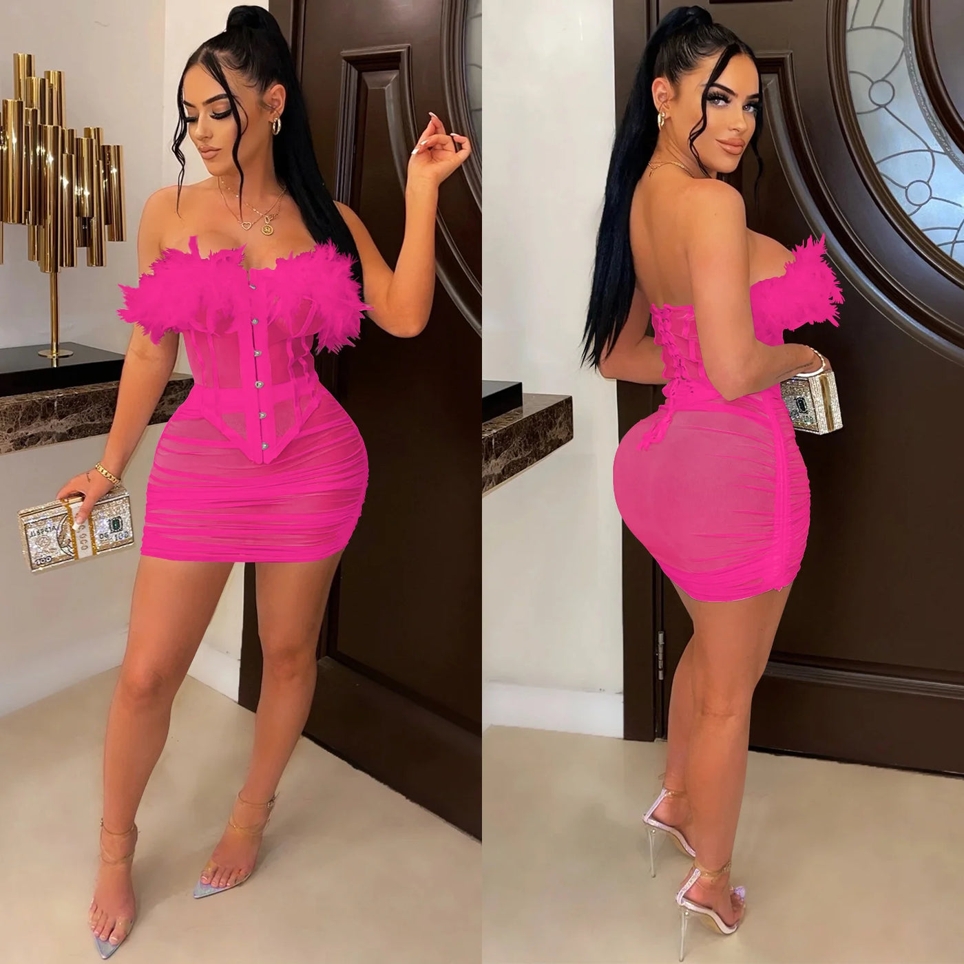 Two Piece Set With Pleated Skirt And Feather Lace Vest