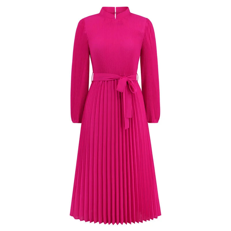 Vertical Collar Sleeve Pleated Skirt